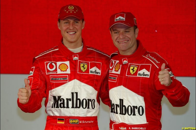 Michael Schumacher and Rubens Barrichello. Ferrari launch the 2003 challenger, the F2003-GA, at Maranello, Italy. February 7th 2003.
