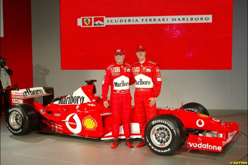 Ferrari launch the 2003 challenger, the F2003-GA, at Maranello, Italy. February 7th 2003.