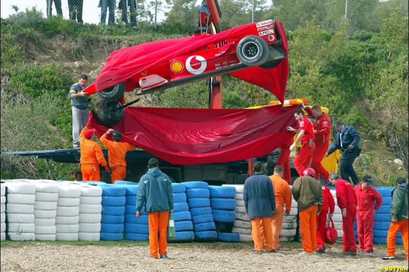 The Ferrari F2003-GA, after test driver Luca Badoer crashed heavily during testing at Jerez, Spain. 28th February 2003.