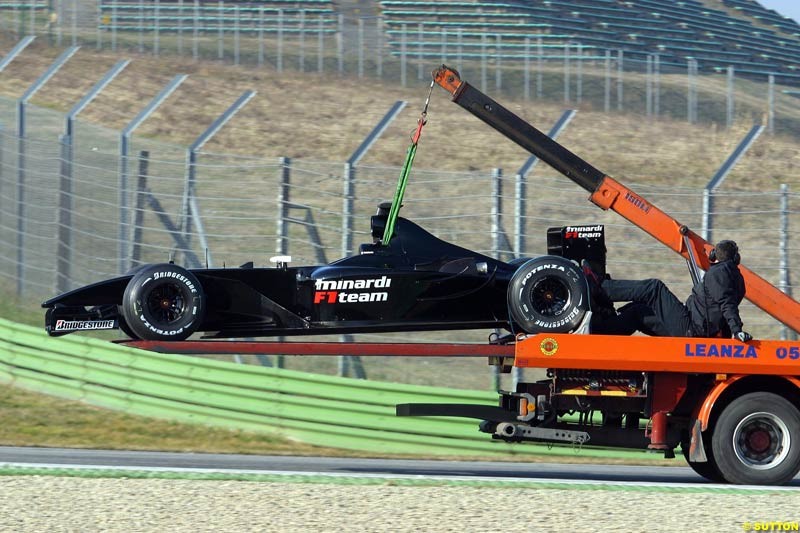 Jos Verstappen's Minardi breaks down during testing at Imola, Italy. 26th February 2003.