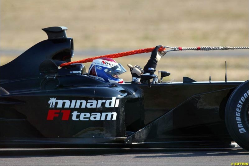 Jos Verstappen breaks down whilst performing the first test for the Minardi PS03. Formula One Testing, Minardi debut the Minardi Cosworth PS03, Fiorano, Maranello, Italy.