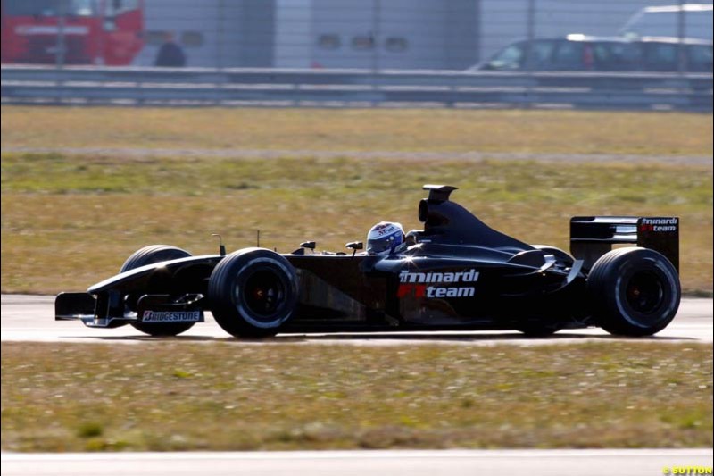 Jos Verstappen makes his first test in the Minardi PS03. Formula One Testing , Minardi debut the Minardi Cosworth PS03, Fiorano, Maranello, Italy.