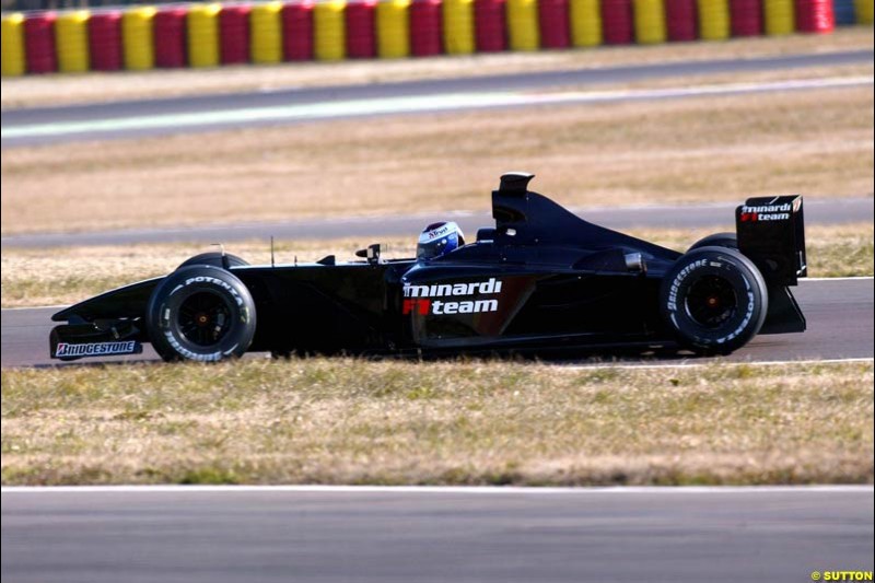 Jos Verstappen makes his first test in the Minardi PS03. Formula One Testing , Minardi debut the Minardi Cosworth PS03, Fiorano, Maranello, Italy.