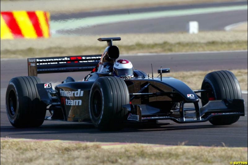 Jos Verstappen makes his first test in the Minardi PS03. Formula One Testing , Minardi debut the Minardi Cosworth PS03, Fiorano, Maranello, Italy.