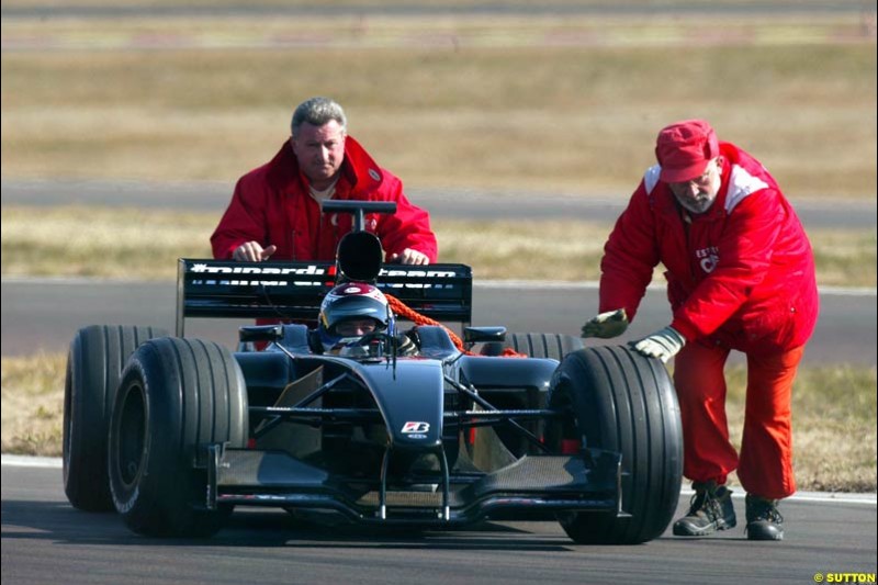 Jos Verstappen (HOL) breaks down whilst performing the first test for the Minardi PS03. Formula One Testing, Minardi debut the Minardi Cosworth PS03, Fiorano, Maranello, Italy.