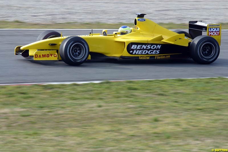 Giancarlo Fisichella, Jordan EJ13, during testing at the Barcelona circuit in Spain. 17th February, 2003.