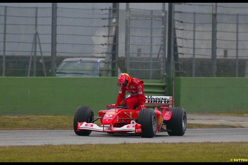 Michael Schumacher's Ferrari F2003-GA breaks down during testing at the Imola circuit in Italy. 17th February, 2003.