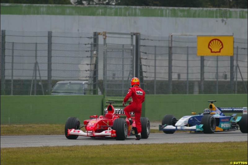 Michael Schumacher's Ferrari F2003-GA breaks down during testing at the Imola circuit in Italy. 17th February, 2003.