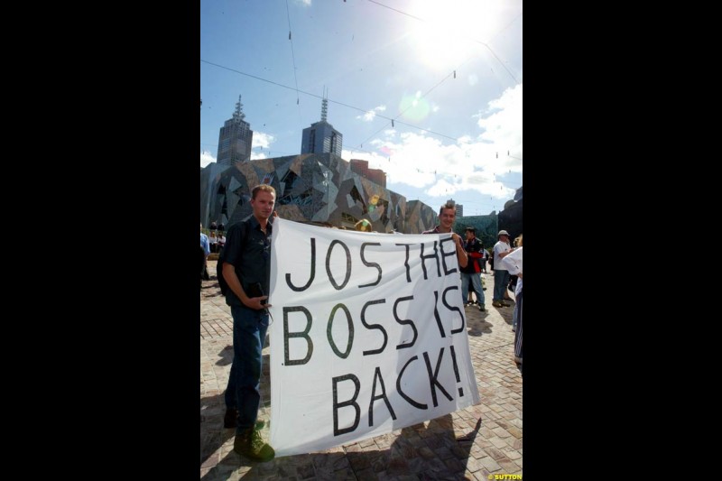 Jos Verstappen fans. Minardi launch their PS03 car in Federation Square in Melbourne, Australia. March 5th 2003.