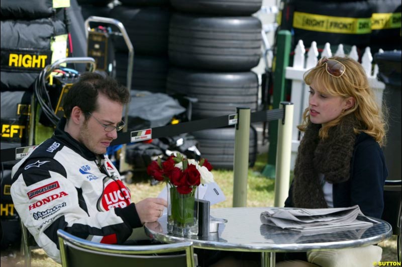 Jacques Villeneuve, BAR, and girlfriend Ellie Green. Saturday, Australian GP, March 8th 2003.