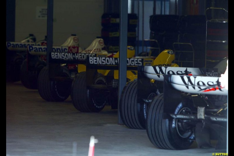 All 18 cars (without the two Minardis) are held at Parc Ferme overnight prior to the race. Saturday, Australian GP, March 8th 2003.