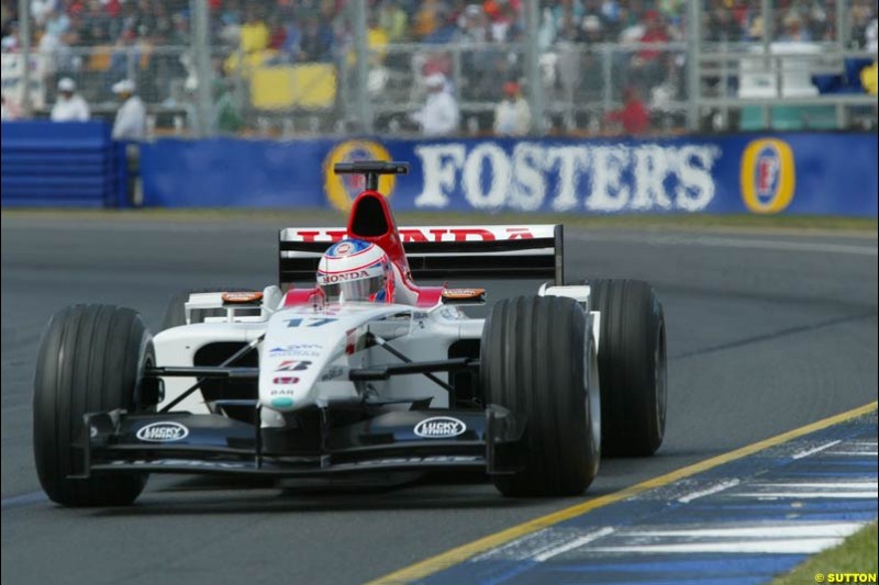 Jenson Button, BAR, during Saturday qualifying for the Australian GP. Melbourne, March 8th 2003.
