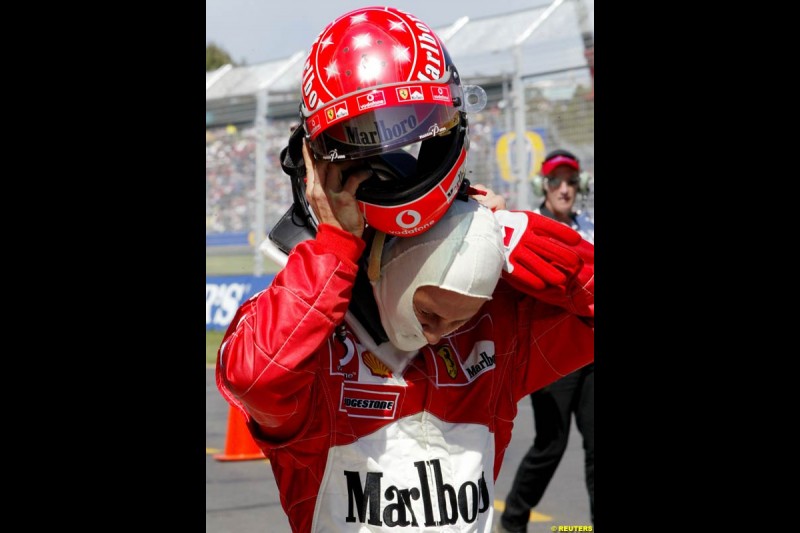 Michael Schumacher, Ferrari, after setting the fastest time in Saturday's qualifying for the Australian GP. Melbourne, March 8th 2003.
