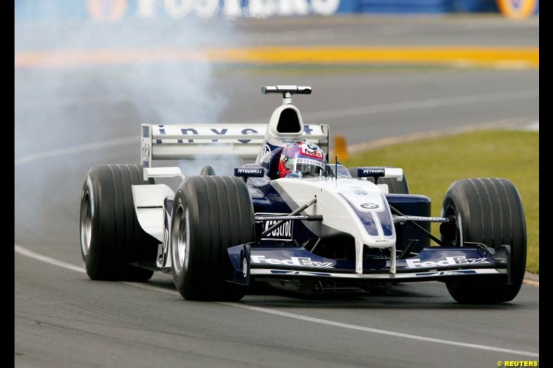 Juan Pablo Montoya's Williams BMW smoking during Saturday's free practice for the Australian GP. Melbourne, March 8th 2003.