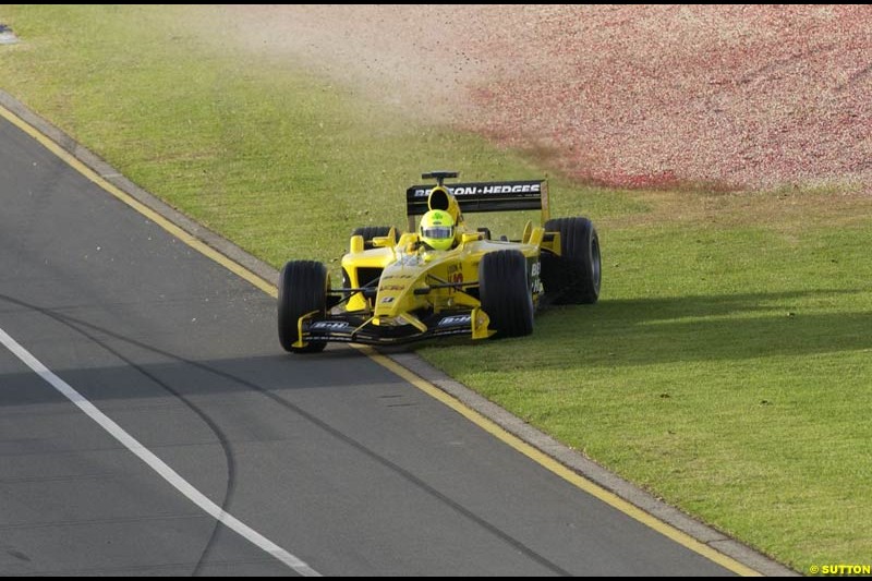 Ralph Firman, Jordan, has an off-track trip during Saturday's free practice for the Australian GP. Melbourne, March 8th 2003.