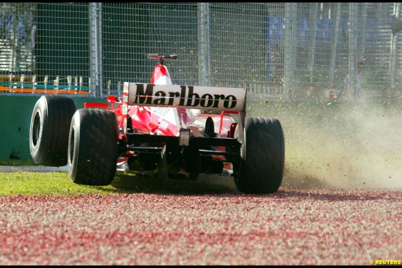 Michael Schumacher, Ferrari, crashes during Saturday practice for the Australian GP. Melbourne, March 8th 2003.