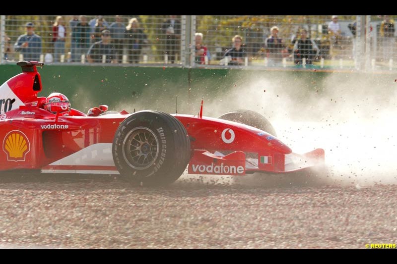 Michael Schumacher, Ferrari, crashes during Saturday practice for the Australian GP. Melbourne, March 8th 2003.