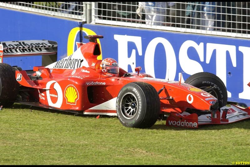Michael Schumacher, Ferrari, crashes during Saturday practice for the Australian GP. Melbourne, March 8th 2003.