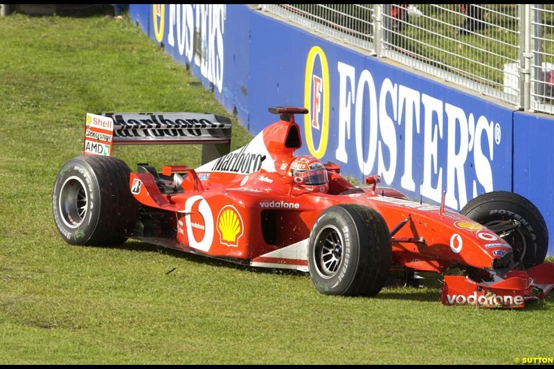 Michael Schumacher, Ferrari, crashes during Saturday practice for the Australian GP. Melbourne, March 8th 2003.