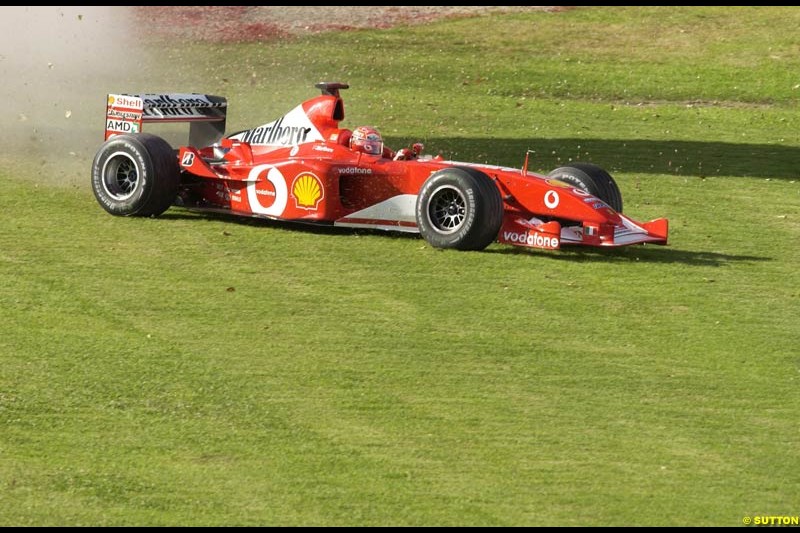 Michael Schumacher, Ferrari, crashes during Saturday practice for the Australian GP. Melbourne, March 8th 2003.