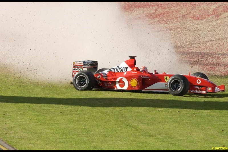 Michael Schumacher, Ferrari, crashes during Saturday practice for the Australian GP. Melbourne, March 8th 2003.
