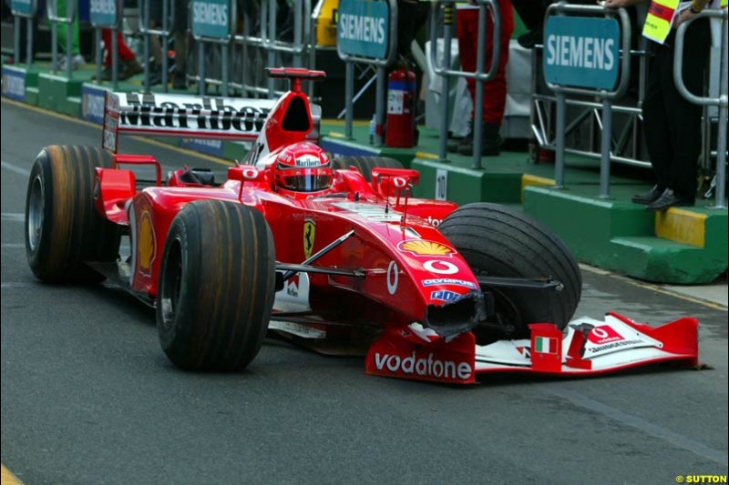 Michael Schumacher's damaged car. Saturday practice. Australian GP, Melbourne. March 8th 2003.