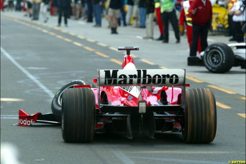 Michael Schumacher's damaged car. Saturday practice. Australian GP, Melbourne. March 8th 2003.
