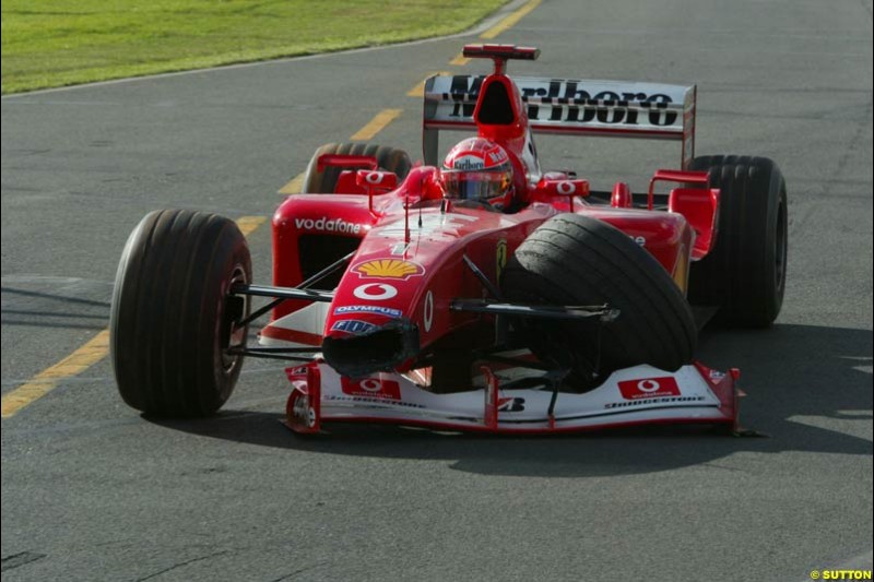Michael Schumacher's damaged car. Saturday practice. Australian GP, Melbourne. March 8th 2003.
