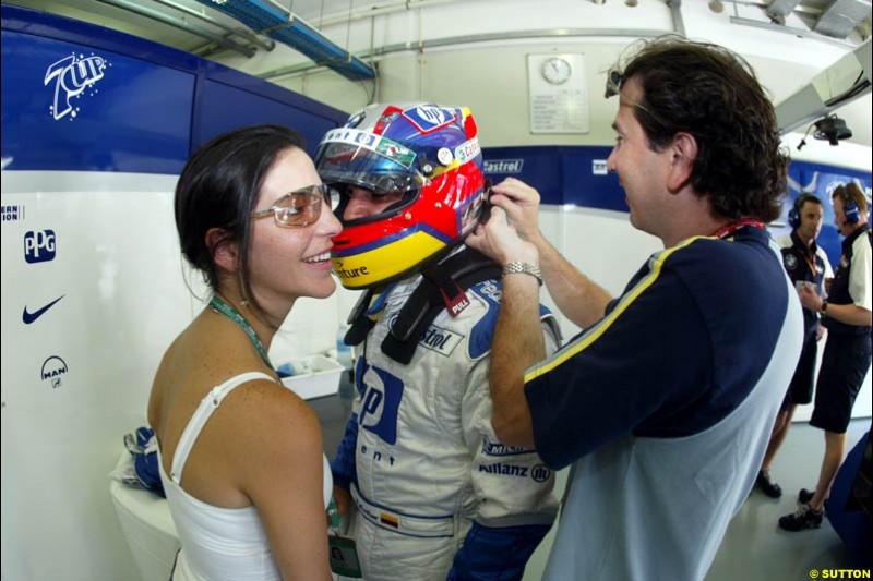 Juan Pablo Montoya, Williams, prepares for Friday qualifying for the Malaysian GP. Sepang, March 21st 2003.