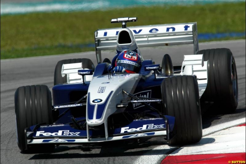 Juan Pablo Montoya, Williams. Friday qualifying for the Malaysian GP. Sepang International Circuit, March 21st 2003.