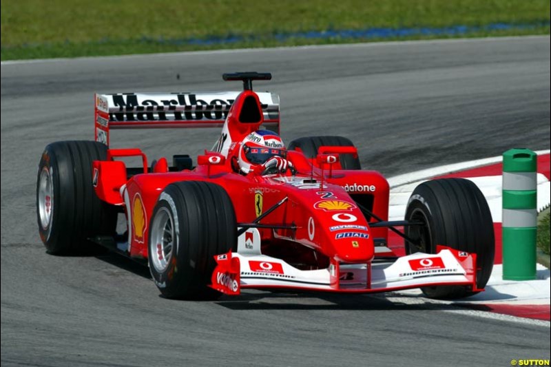 Rubens Barrichello, Ferrari. Friday qualifying for the Malaysian GP. Sepang International Circuit, March 21st 2003.