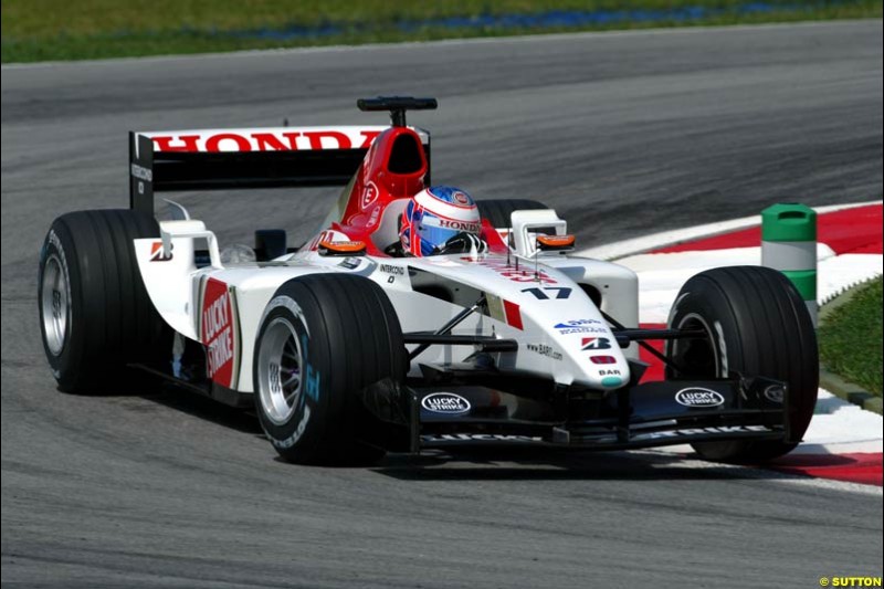 Jenson Button, BAR. Friday qualifying for the Malaysian GP. Sepang International Circuit, March 21st 2003.