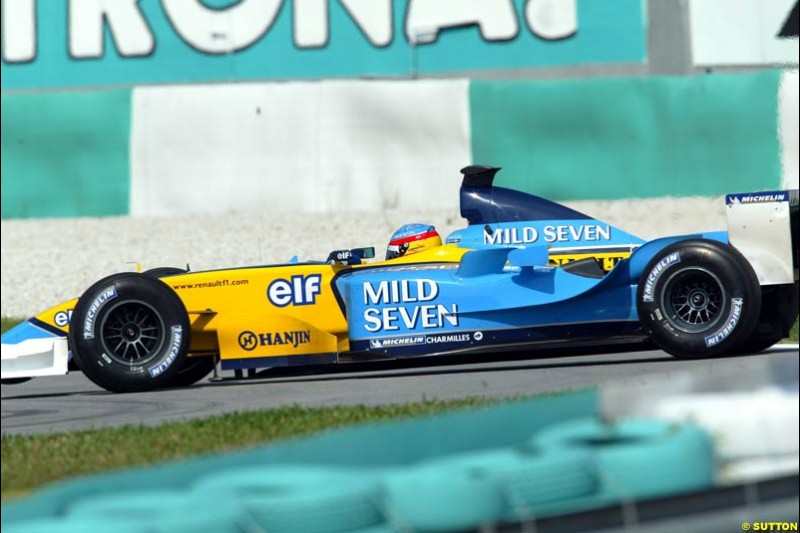 Fernando Alonso, Renault. Friday qualifying for the Malaysian GP. Sepang International Circuit, March 21st 2003.