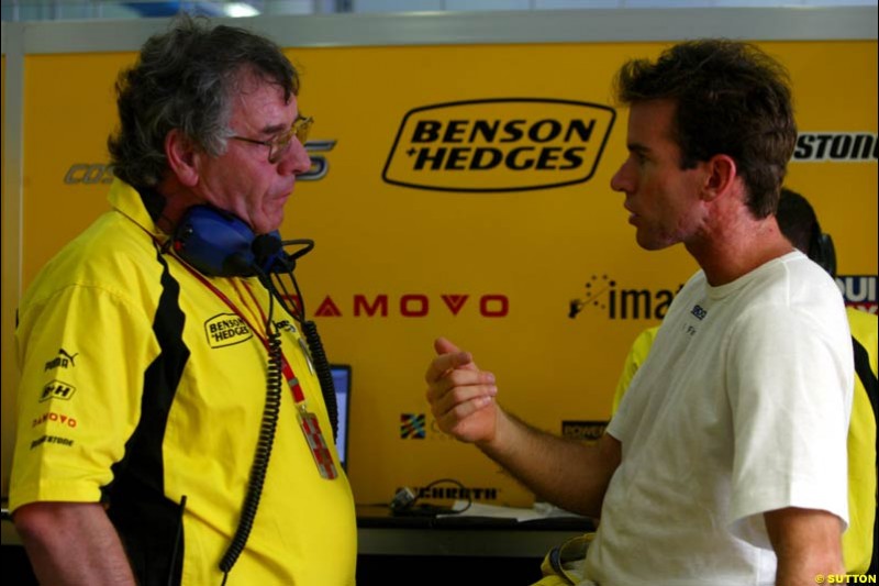 Gary Anderson and Ralph Firman, Jordan, during Friday morning testing at Sepang International Circuit. Malaysian GP, March 21st 2003.