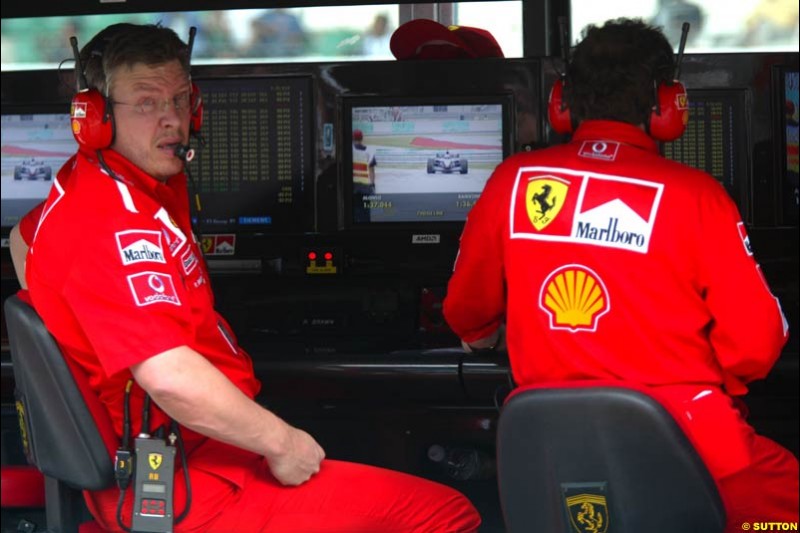 Ross Brawn, Ferrari, during Saturday qualifying for the Malaysian GP. Sepang, March 22nd 2003.