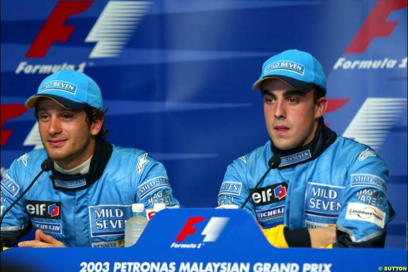 The Renault drivers at the Post qualifying press conference. Saturday, Malaysian GP. Sepang, March 22nd 2003.