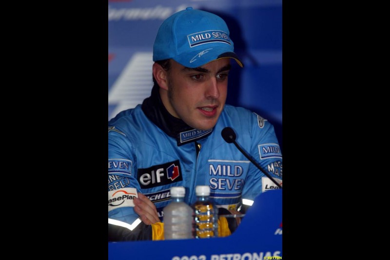 Fernando Alonso, Renault, at the Post qualifying press conference. Saturday, Malaysian GP. Sepang, March 22nd 2003.