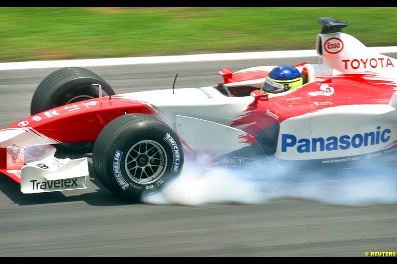 Cristiano da Matta, Toyota, during Saturday qualifying for the Malaysian GP. Sepang, March 22nd 2003.