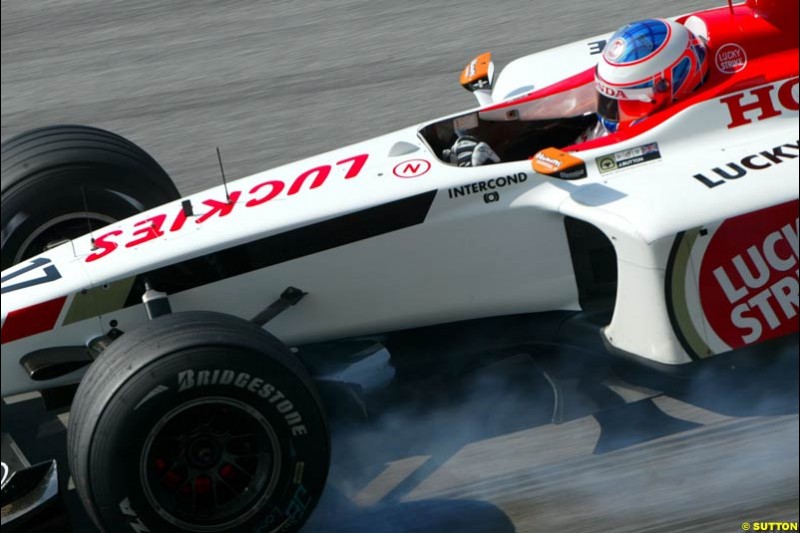 Jenson Button, BAR, during Saturday qualifying for the Malaysian GP. Sepang, March 22nd 2003.