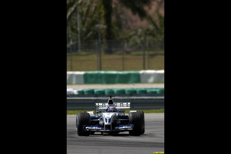 Juan Pablo Montoya, Williams, during Saturday qualifying for the Malaysian GP. Sepang, March 22nd 2003.