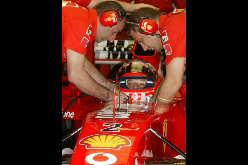 Rubens Barrichello, Ferrari, during Saturday practice for the Malaysian GP. Sepang, March 22nd 2003.