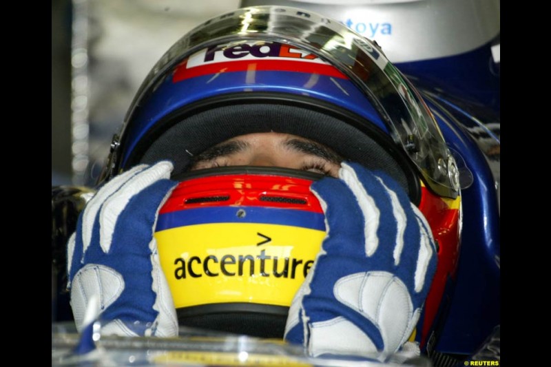 Juan Pablo Montoya, Williams, during Saturday practice for the Malaysian GP. Sepang, March 22nd 2003.