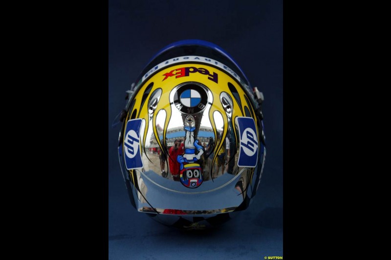 Juan Pablo Montoya presents a specially-designed helmet at the Brazilian Grand Prix. Interlagos, Sao Paulo, April 4th 2003.