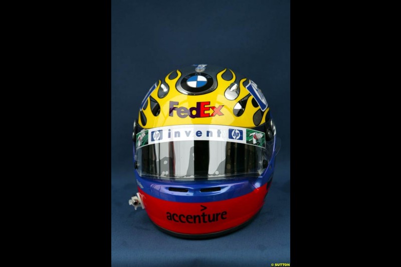 Juan Pablo Montoya presents a specially-designed helmet at the Brazilian Grand Prix. Interlagos, Sao Paulo, April 4th 2003.