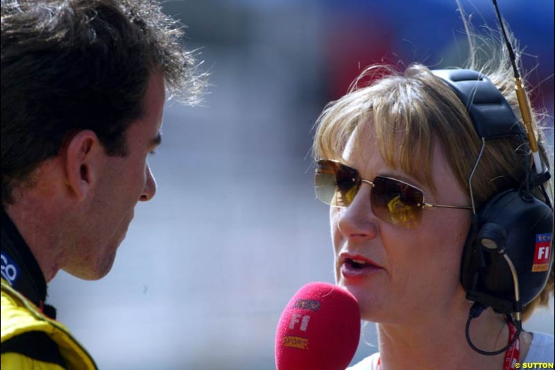 Ralph Firman talks to ITV's Louise Goodman. Saturday qualifying for the Brazilian Grand Prix. Interlagos, Sao Paulo, April 5th 2003.