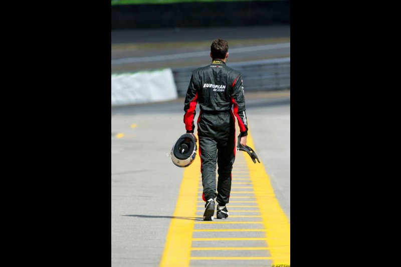 Justin Wilson. Saturday qualifying for the Brazilian Grand Prix. Interlagos, Sao Paulo, April 5th 2003.