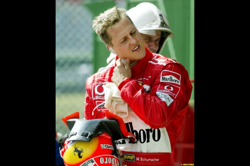 Michael Schumacher after qualifying for the Brazilian Grand Prix. Interlagos, Sao Paulo, April 5th 2003.