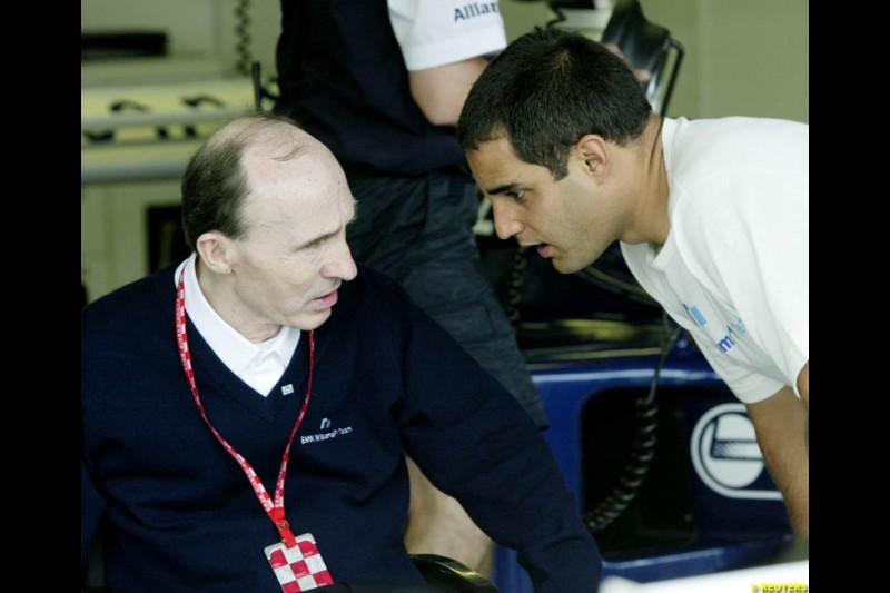 Frank Williams and Juan Pablo Montoya. Saturday practice for the Brazilian Grand Prix. Interlagos, Sao Paulo, April 5th 2003.