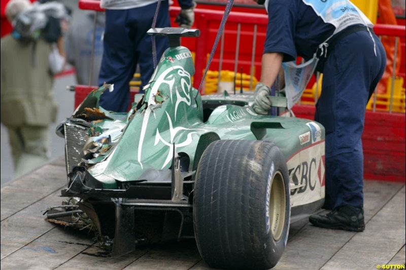 A damaged Jaguar. Brazilian Grand Prix. Interlagos, Sao Paulo, April 6th 2003.