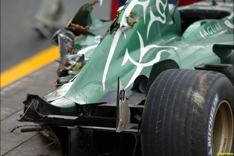 A damaged Jaguar side pod. Brazilian Grand Prix. Interlagos, Sao Paulo, April 6th 2003.